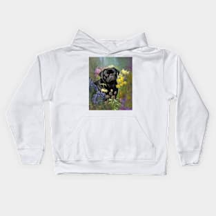 Black Pug Dog in Flower Garden Kids Hoodie